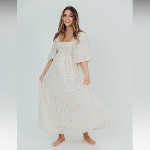 Melody Maxi Dress with Pleats and Bow Detail in Ivory Floral- Small